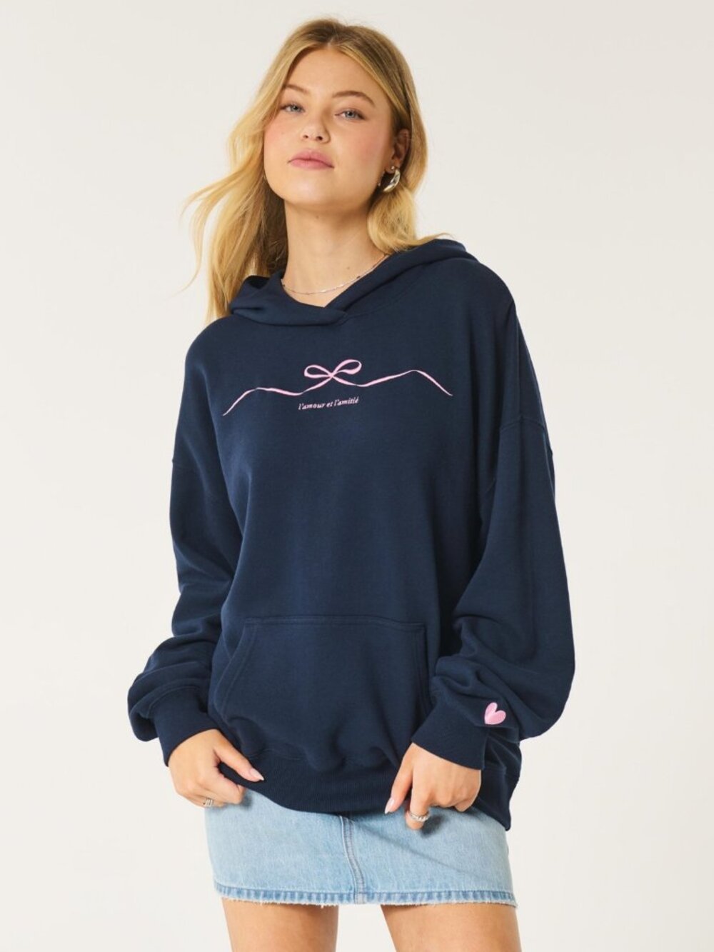 Hollister Bow Embroidered Graphic Hoodie Sweatshirt Navy Pink